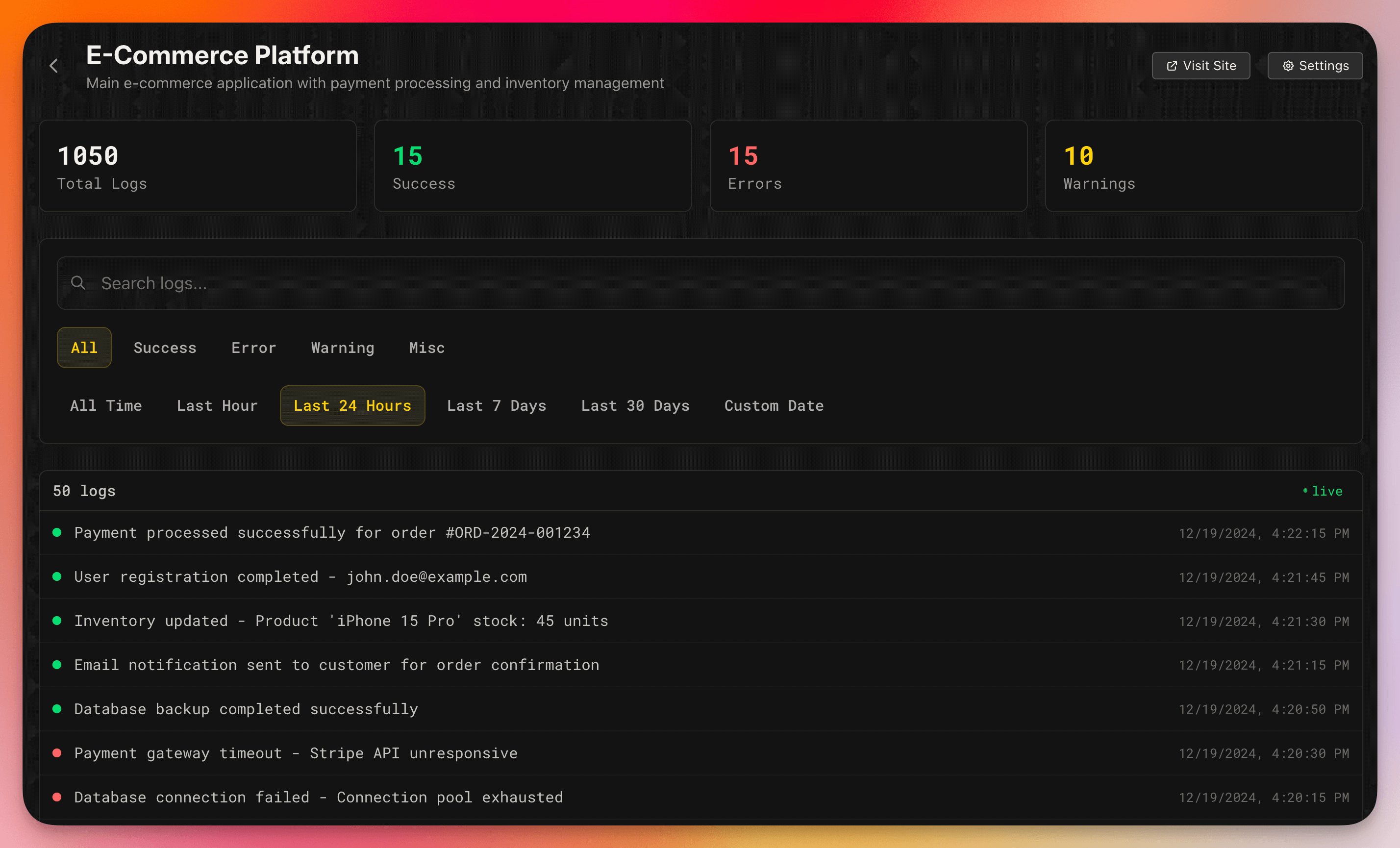 NotifyLog Dashboard - Real-time monitoring interface showing logs, statistics, and live updates for an E-Commerce Platform